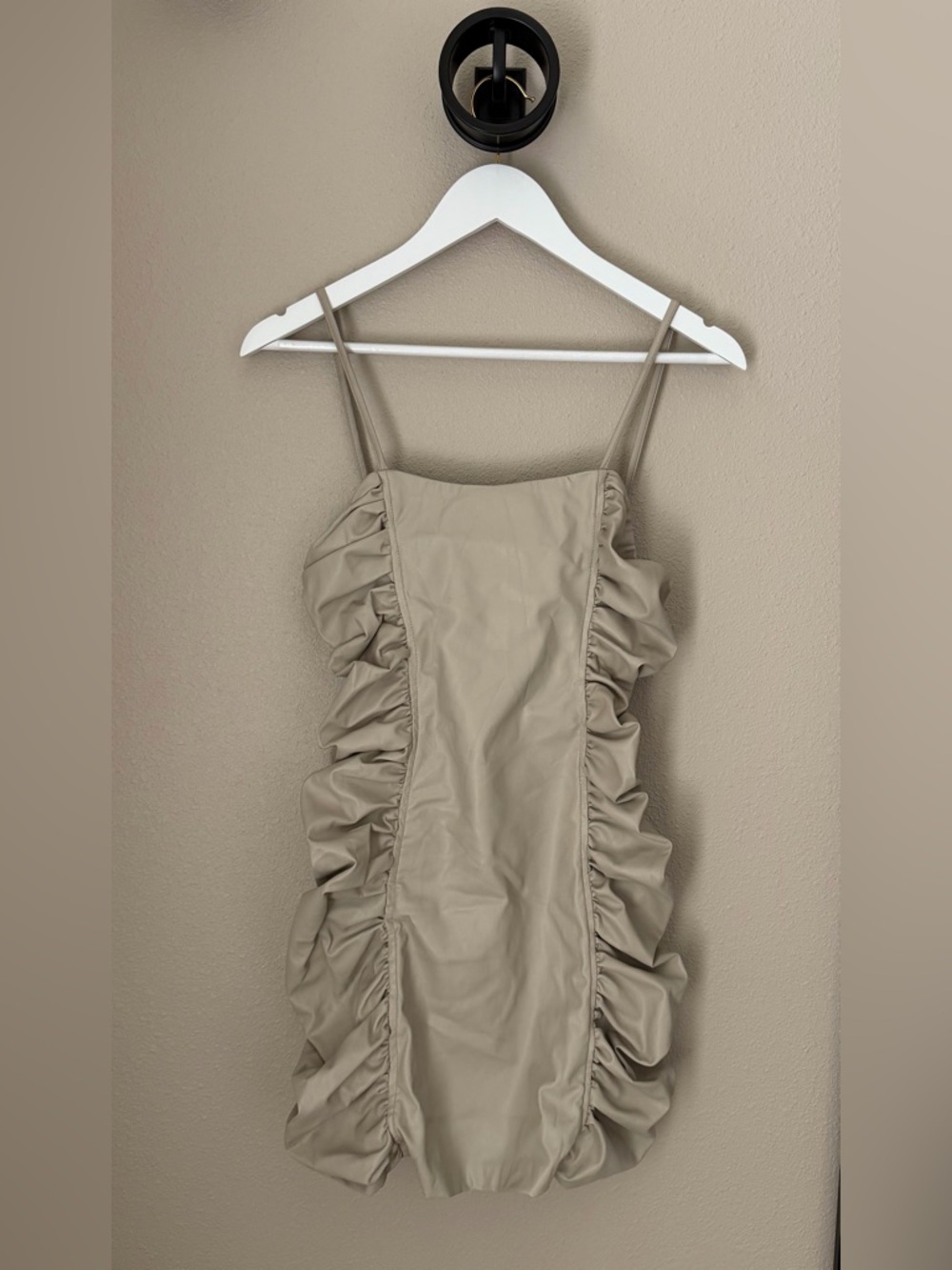 Zara Taupe Faux Leather Ruched Mini Dress